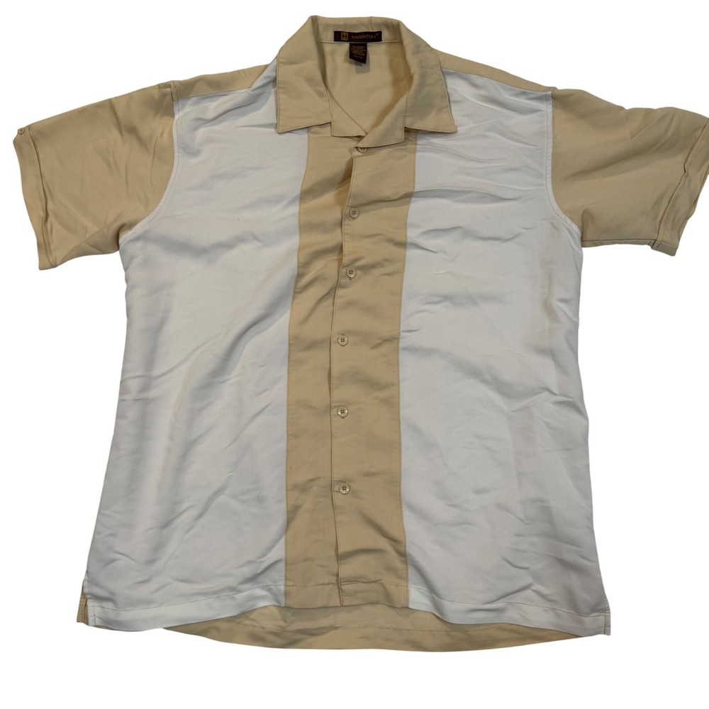 Harriton Mens XL Bowling Shirt Beige White Short Sleeve Retro Camp Collar M575